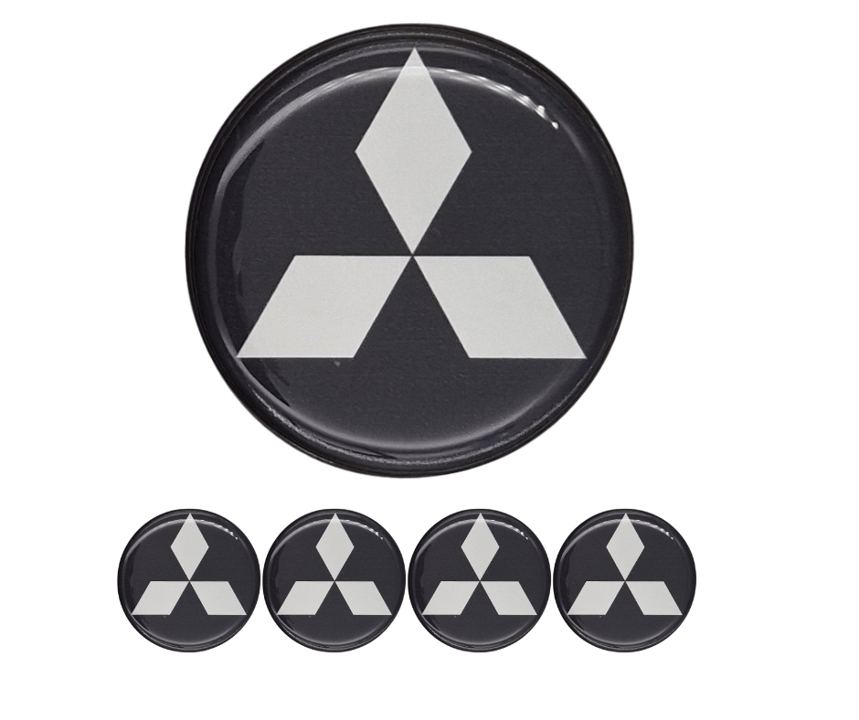 Emblematy MITSUBISHI Dekielki 55mm 60mm 4 szt Przyklejane, 3D Aluminiowe