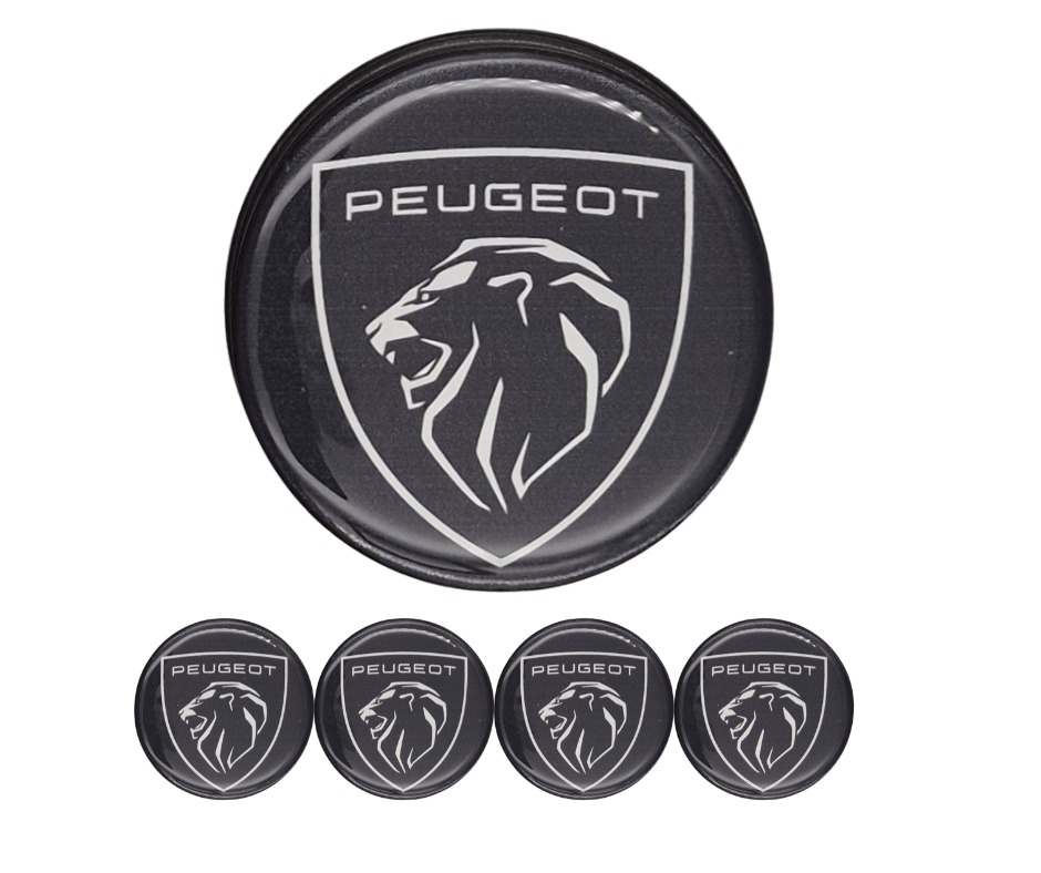 Emblematy PEUGEOT nowy model Dekielki 55mm 60mm 4 szt Przyklejane, 3D Aluminiowe