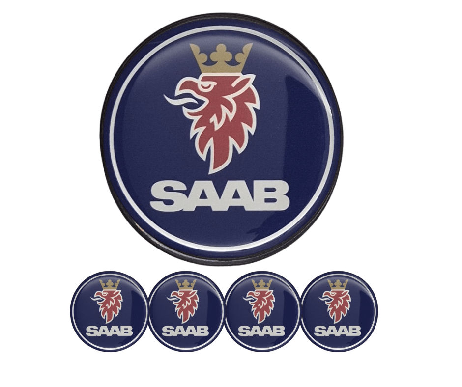 Emblematy SAAB Dekielki 55mm 60mm 4 szt Przyklejane, 3D Aluminiowe