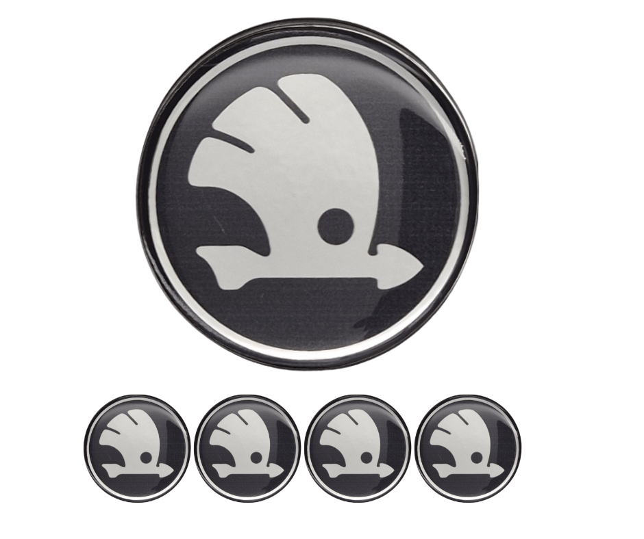 Emblematy SKODA nowy model Dekielki 55mm 60mm 4 szt Przyklejane, 3D Aluminiowe